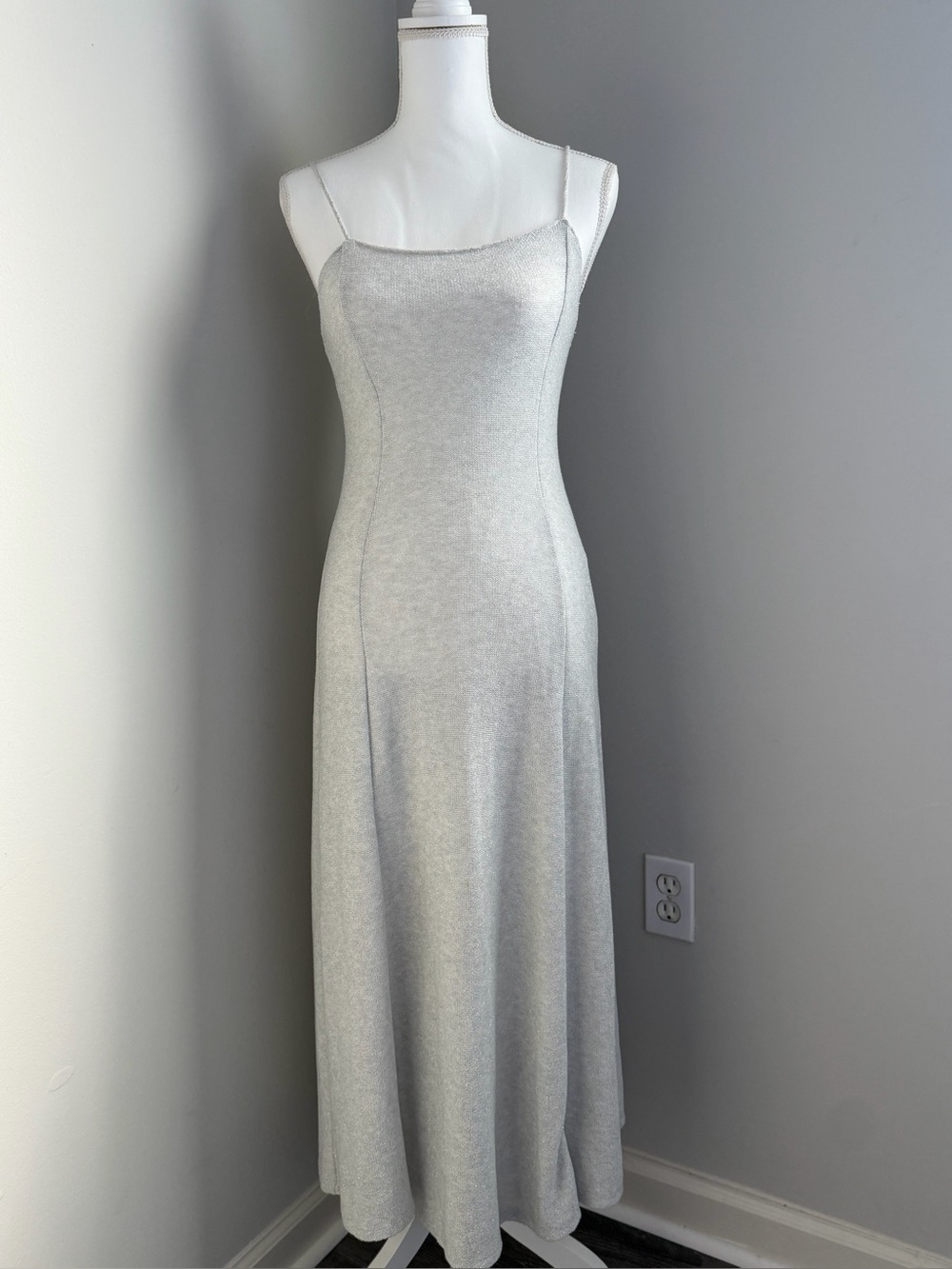 Zara Silver Slip Maxi Dress with Spaghetti Straps